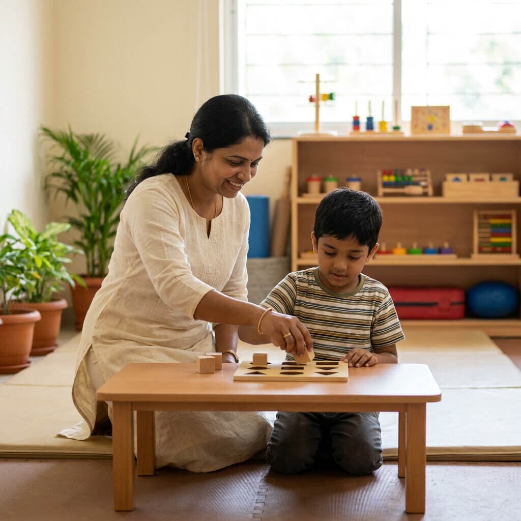 An occupational therapist helping a young boy complete a wooden shape-sorting puzzle in a bright therapy room