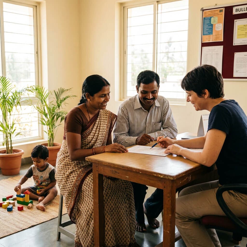 Parents reviewing an admission form with a counsellor while their young child plays with blocks nearby