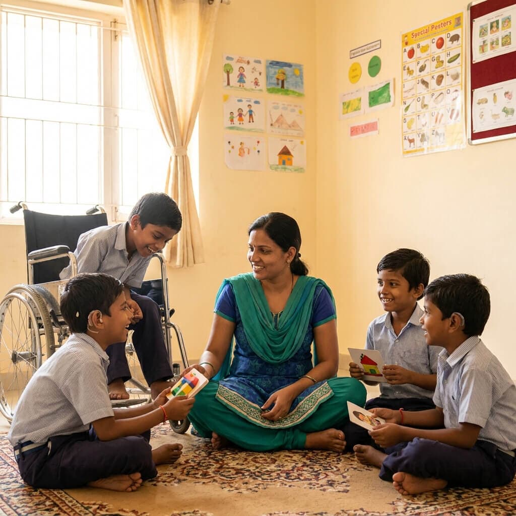 A special educator sitting with a group of children of different abilities, learning together with blocks and picture cards